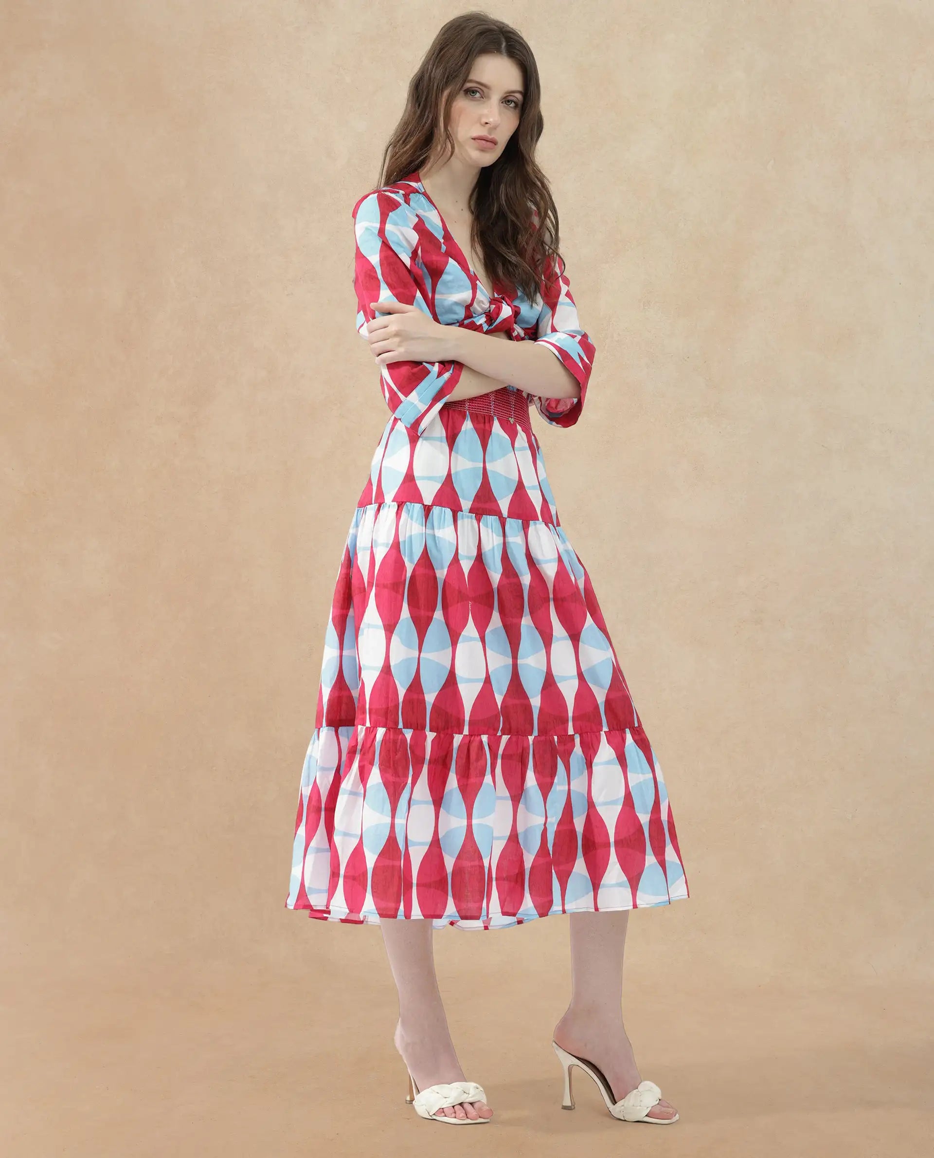 Rareism Women Naybert Multi Cotton Fabric Regular Fit Geometric Print Midi Skirt