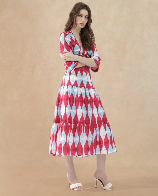 Rareism Women Naybert Multi Cotton Fabric Regular Fit Geometric Print Midi Skirt