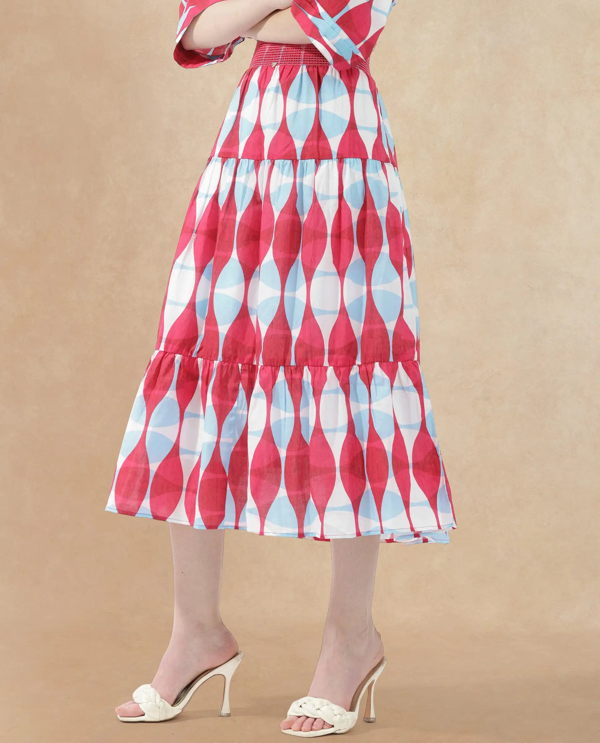 Rareism Women Naybert Multi Cotton Fabric Regular Fit Geometric Print Midi Skirt