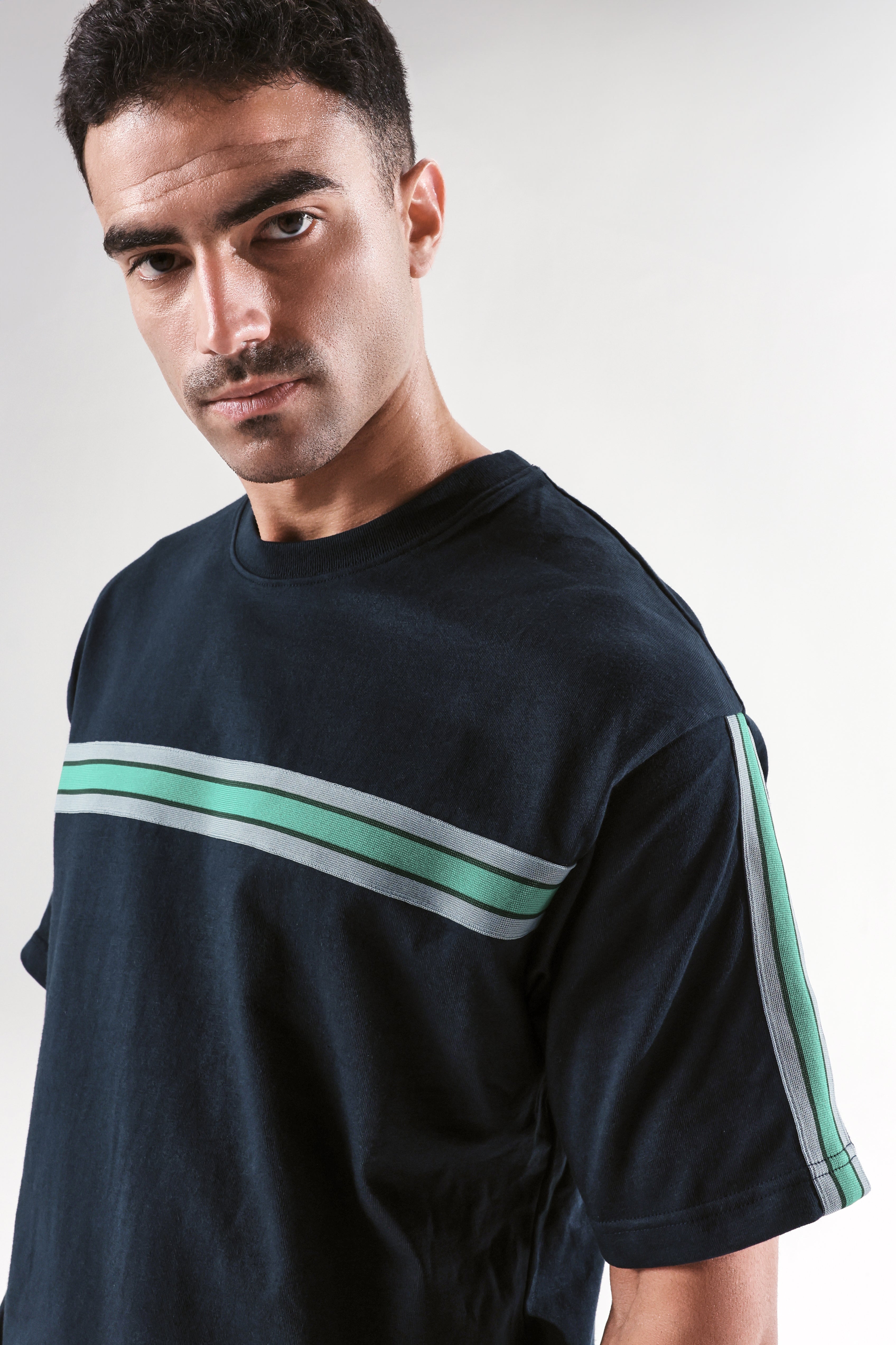 Rare Rabbit Men Newnon-T Navy Cotton Fabric Short Sleeves Tape Detailed Boxy Fit Crew Neck Plain T-Shirt