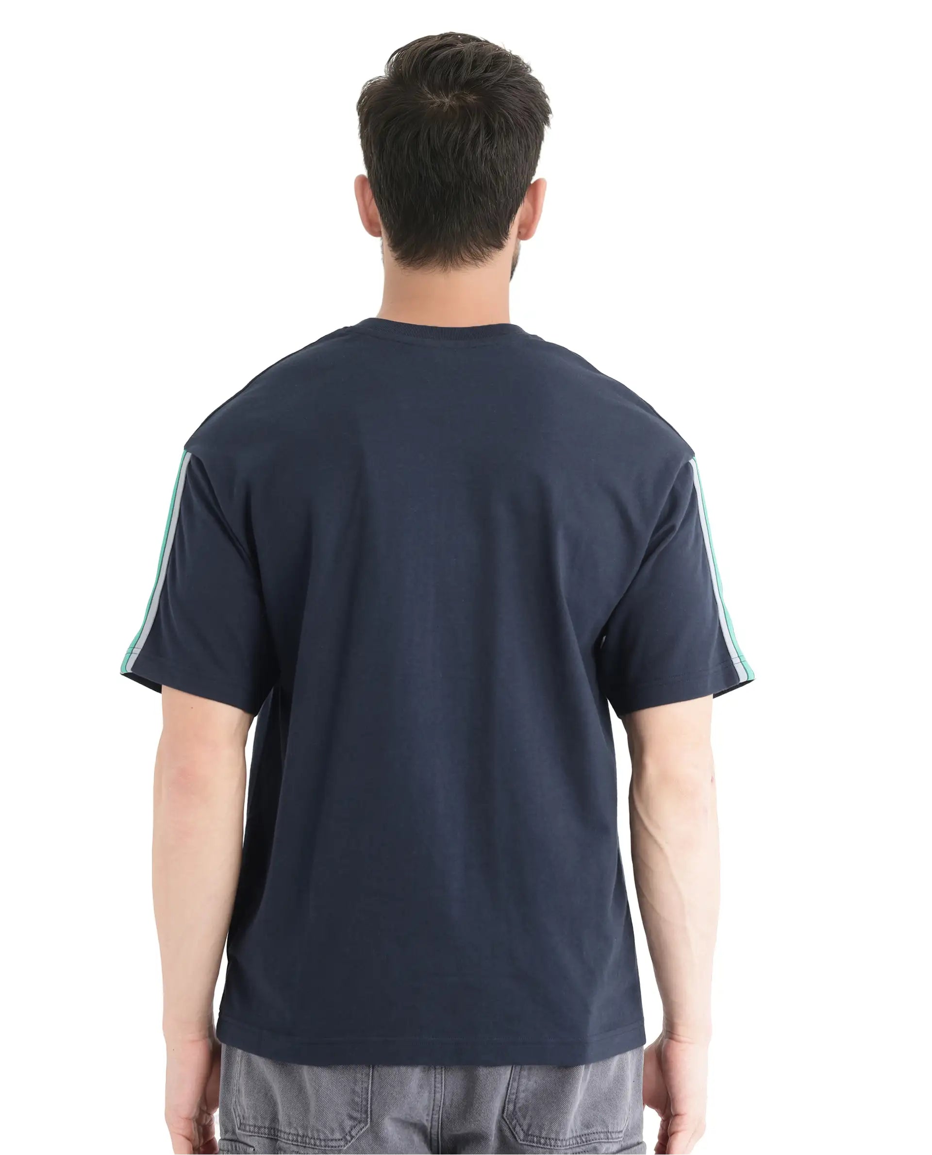 Rare Rabbit Men Newnon-T Navy Cotton Fabric Short Sleeves Tape Detailed Boxy Fit Crew Neck Plain T-Shirt