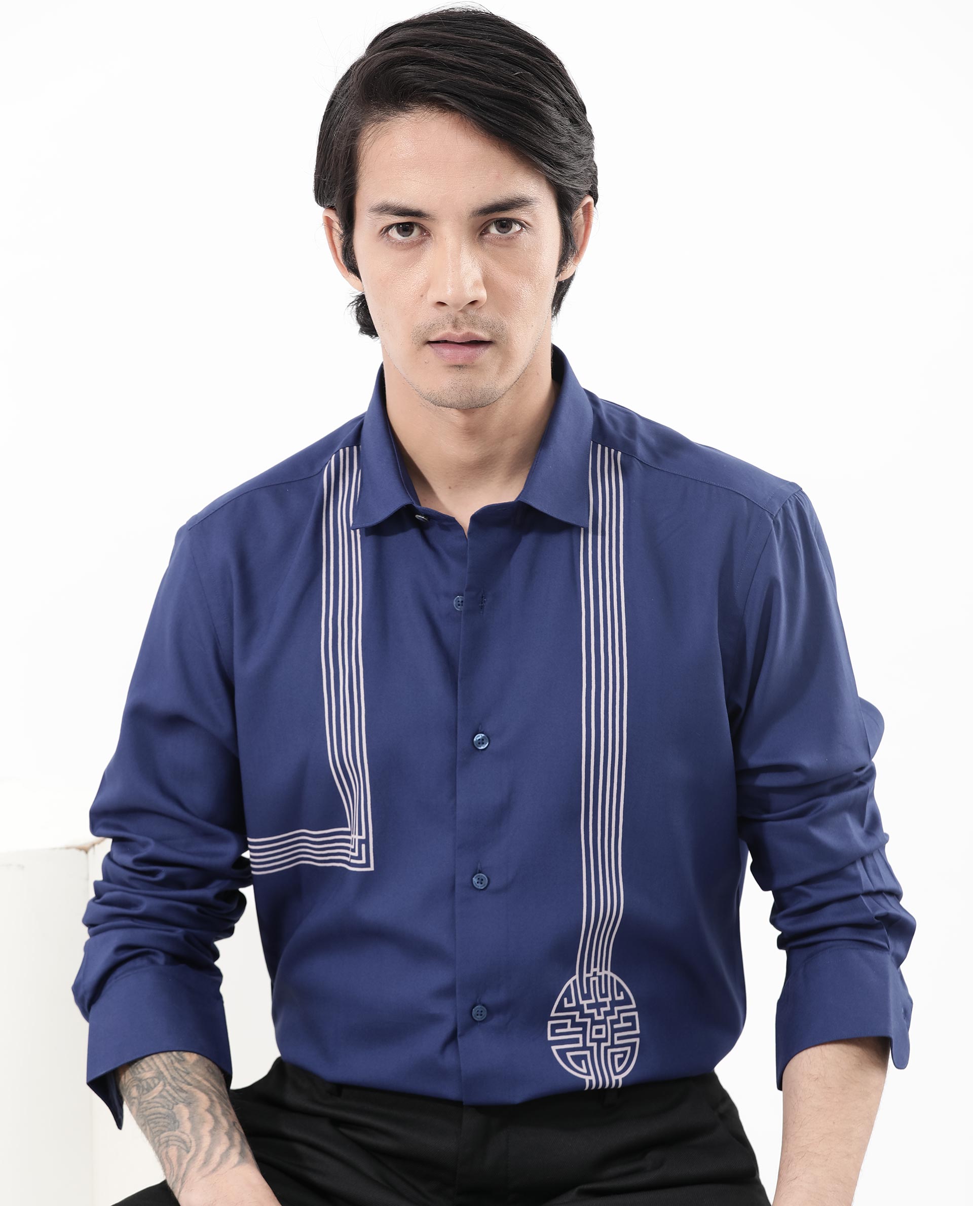 Rare Rabbit Mens Nicol Petrol Viscose Fabric Collared Neck Full Sleeves Button Closure Regular Fit Shirt