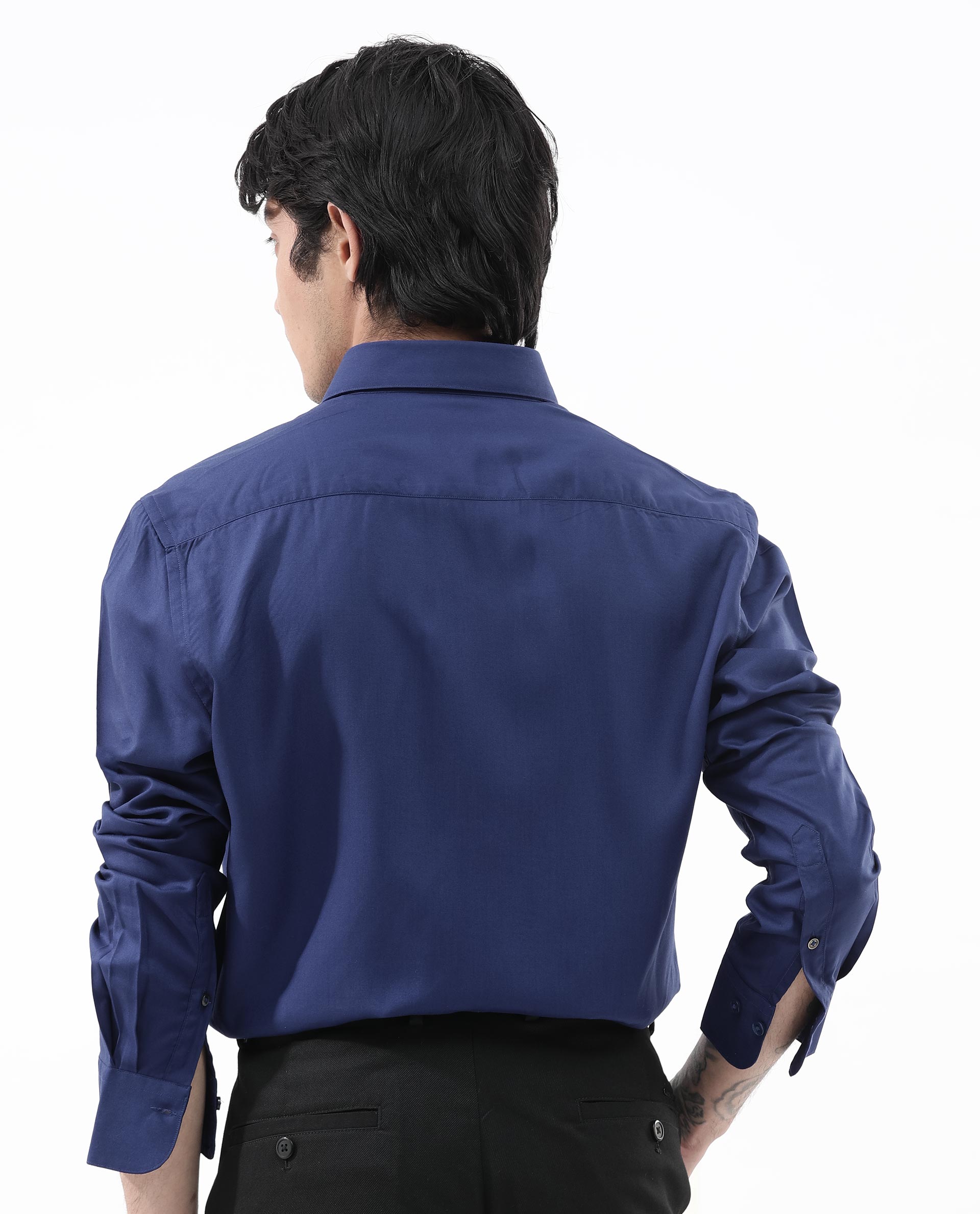 Rare Rabbit Mens Nicol Petrol Viscose Fabric Collared Neck Full Sleeves Button Closure Regular Fit Shirt