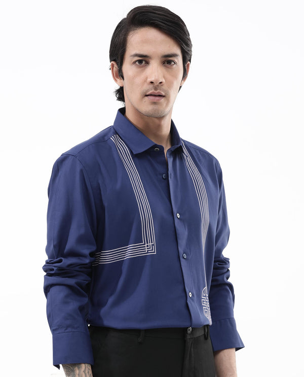 Rare Rabbit Mens Nicol Petrol Viscose Fabric Collared Neck Full Sleeves Button Closure Regular Fit Shirt