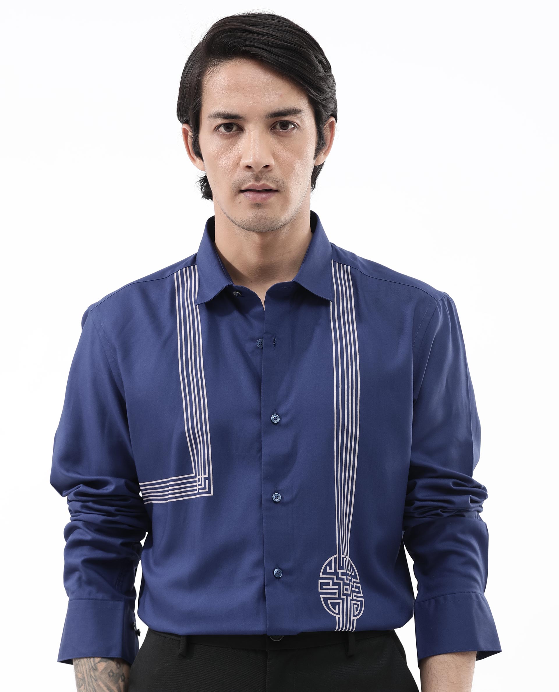 Rare Rabbit Mens Nicol Petrol Viscose Fabric Collared Neck Full Sleeves Button Closure Regular Fit Shirt