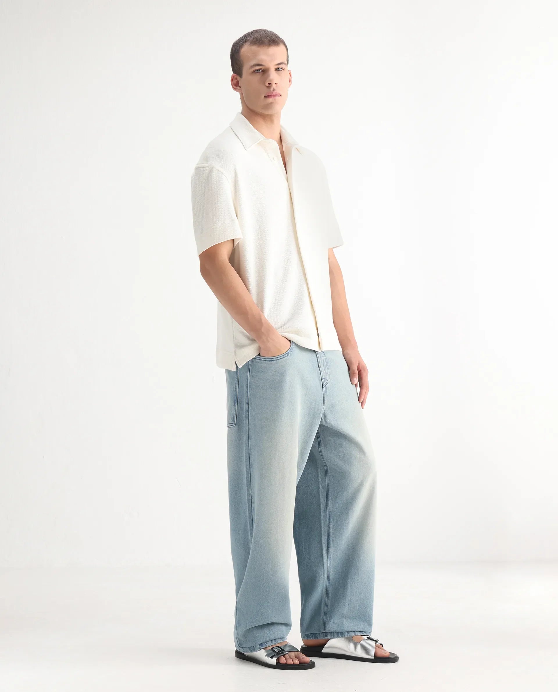 Rare Rabbit Men's Niretor-2 Light Blue Cotton Fabric Mid Rise Ice Wash Baggy Fit With Attached Belt Jeans