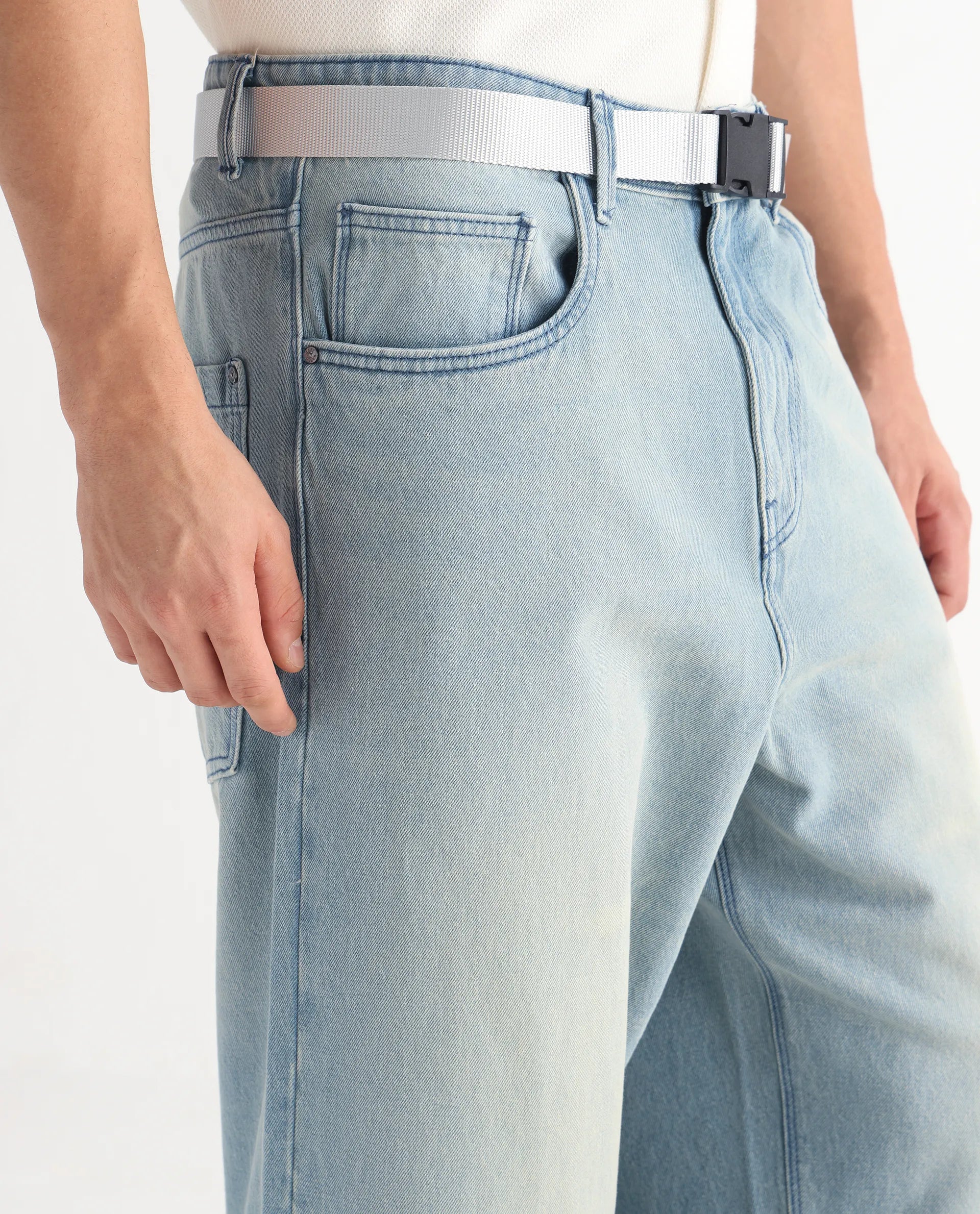 Rare Rabbit Men's Niretor-2 Light Blue Cotton Fabric Mid Rise Ice Wash Baggy Fit With Attached Belt Jeans