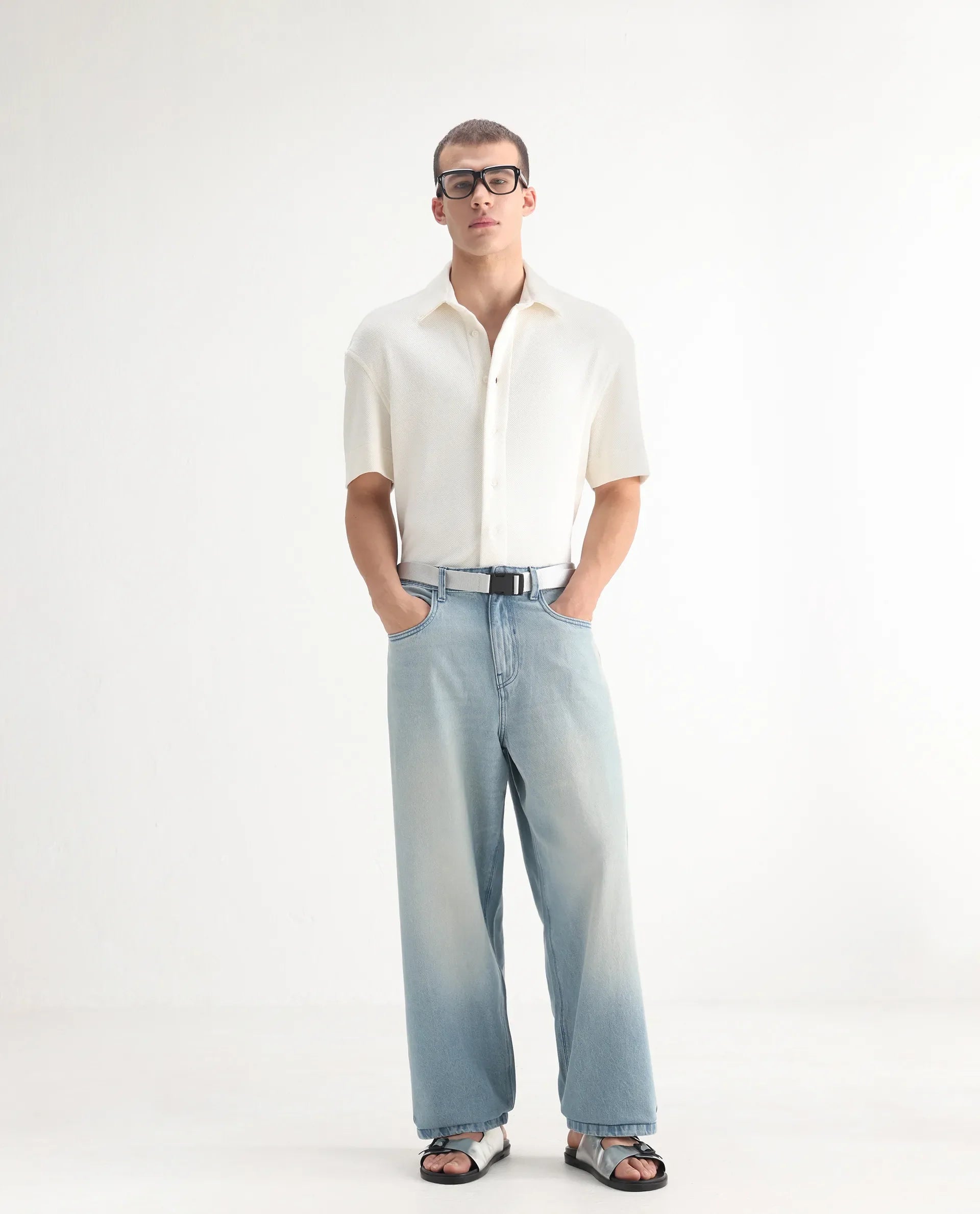Rare Rabbit Men's Niretor-2 Light Blue Cotton Fabric Mid Rise Ice Wash Baggy Fit With Attached Belt Jeans