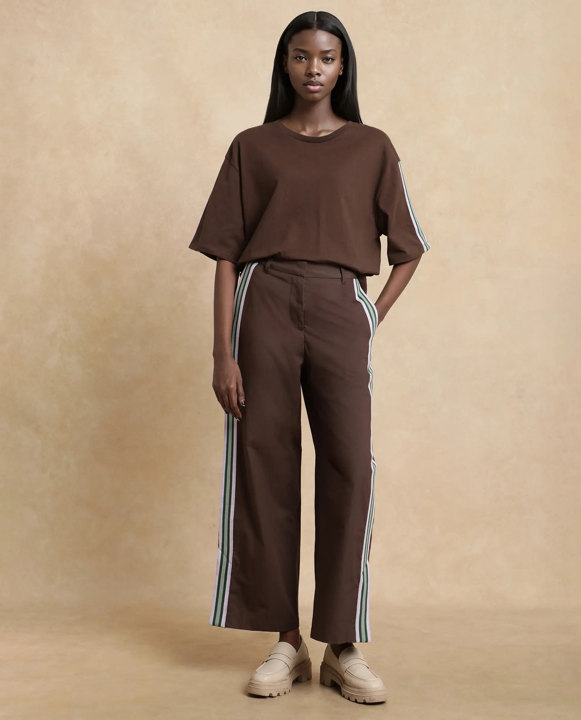 Rareism Women Nonwen-B Brown Cotton Fabric Hook Closure Wide Fit Ankle Length Plain Trouser