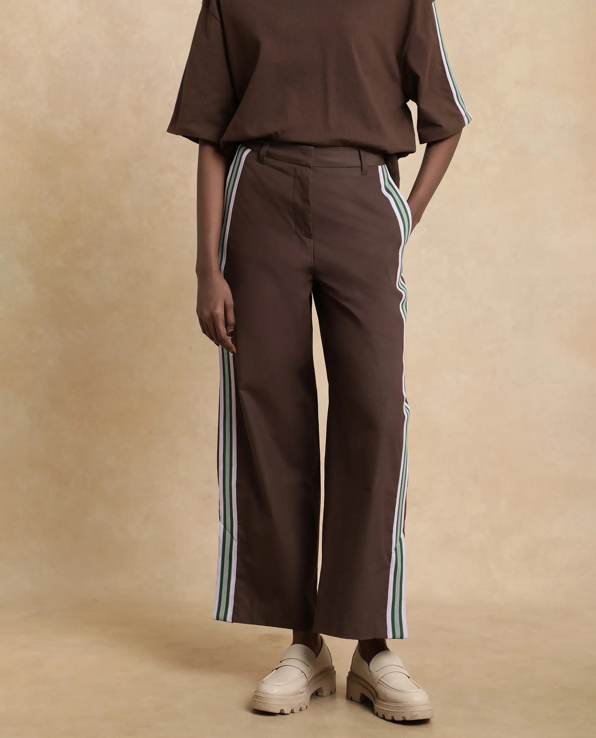 Rareism Women Nonwen-B Brown Cotton Fabric Hook Closure Wide Fit Ankle Length Plain Trouser