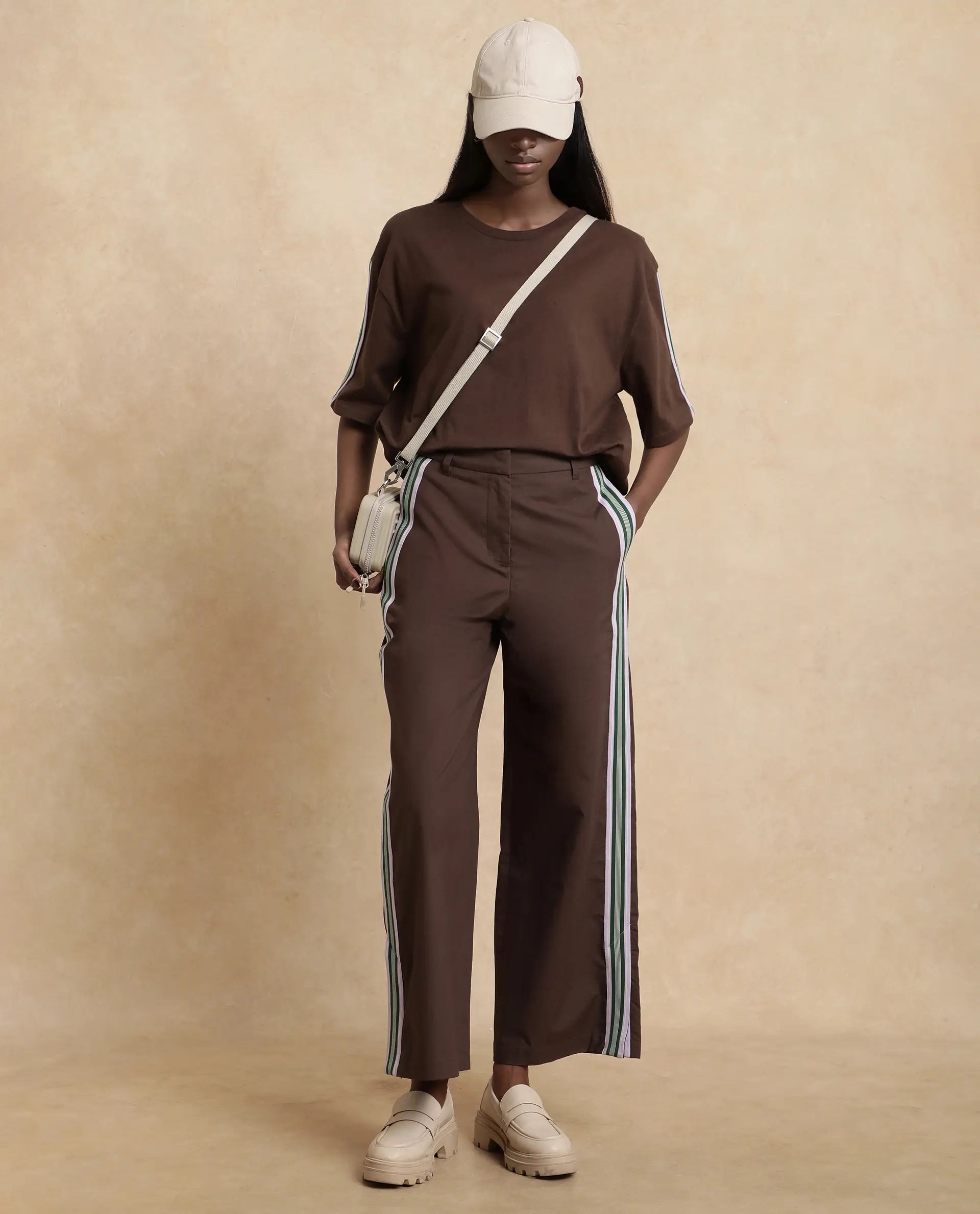 Rareism Women Nonwen-B Brown Cotton Fabric Hook Closure Wide Fit Ankle Length Plain Trouser