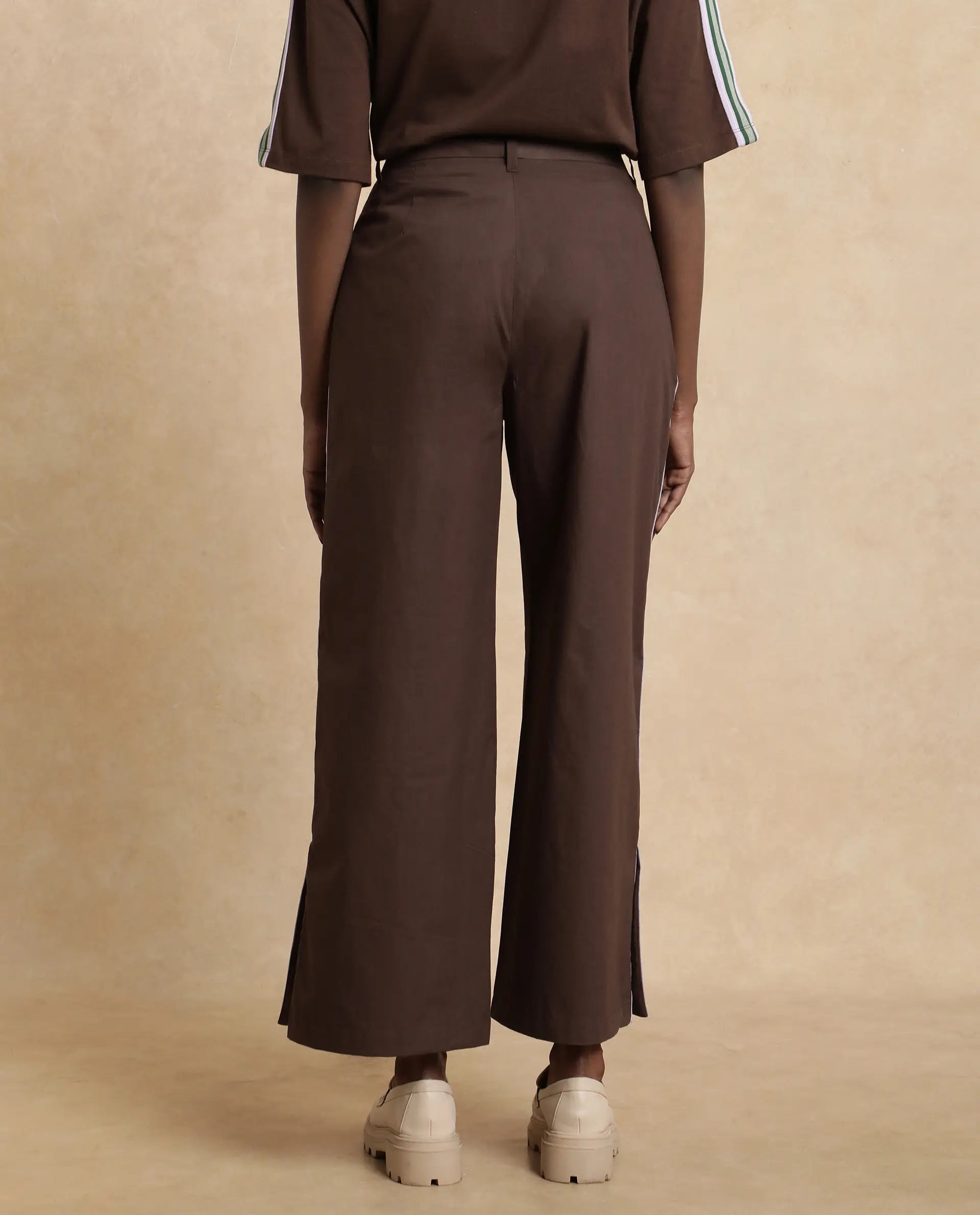 Rareism Women Nonwen-B Brown Cotton Fabric Hook Closure Wide Fit Ankle Length Plain Trouser