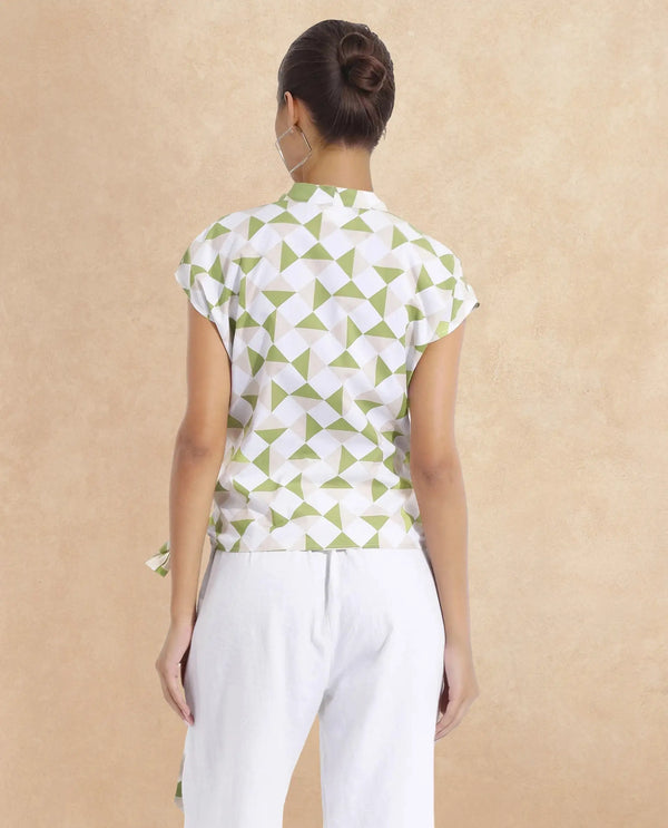 Rareism Women Novarna Light Green Extended Sleeves Over Lap Neck Button Closure Geometric Print Top