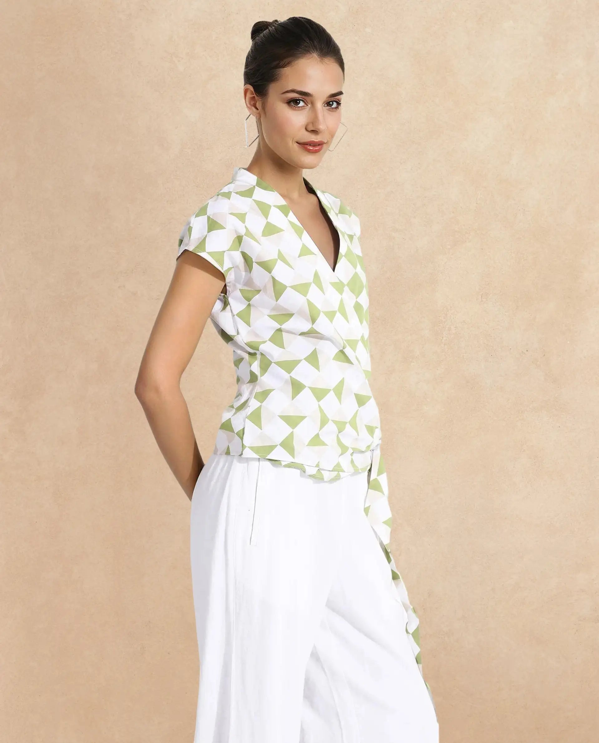 Rareism Women Novarna Light Green Extended Sleeves Over Lap Neck Button Closure Geometric Print Top