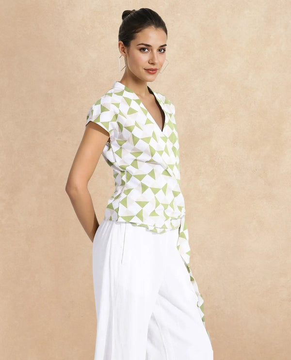 Rareism Women Novarna Light Green Extended Sleeves Over Lap Neck Button Closure Geometric Print Top