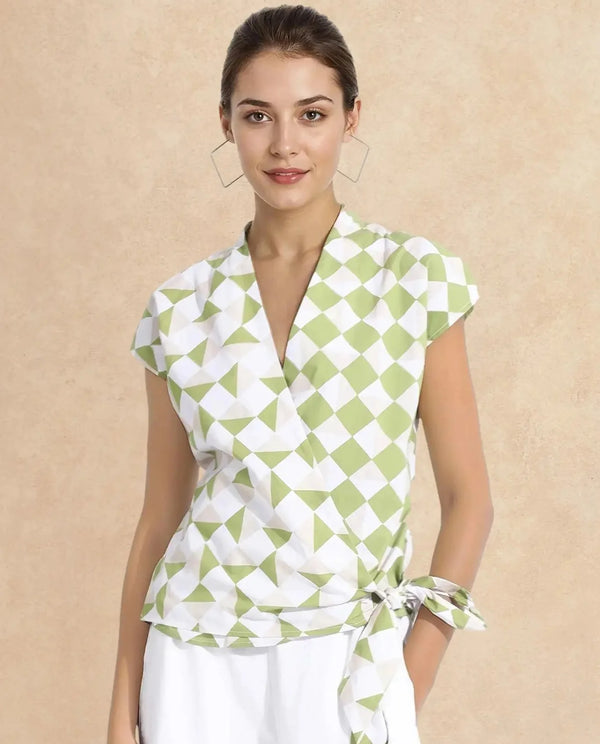 Rareism Women Novarna Light Green Extended Sleeves Over Lap Neck Button Closure Geometric Print Top