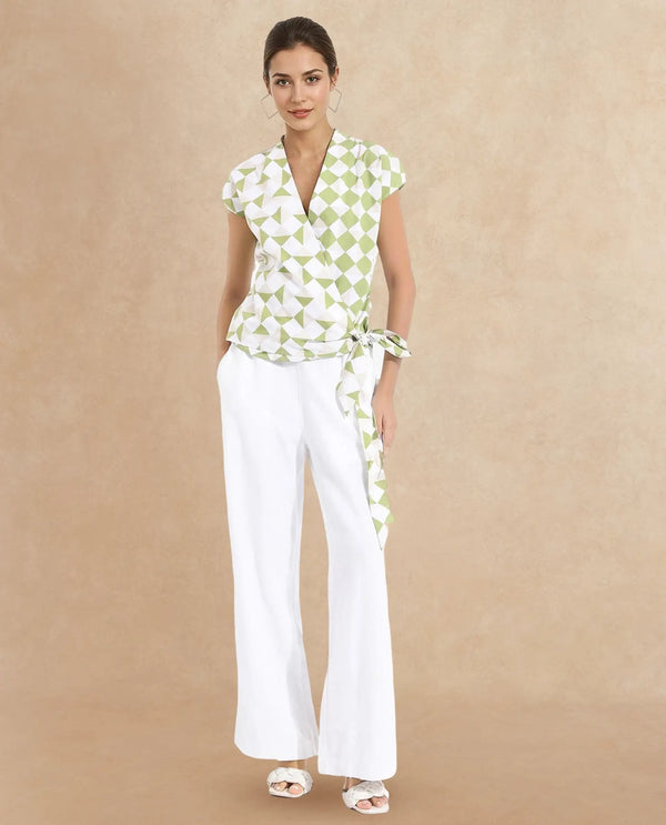 Rareism Women Novarna Light Green Extended Sleeves Over Lap Neck Button Closure Geometric Print Top