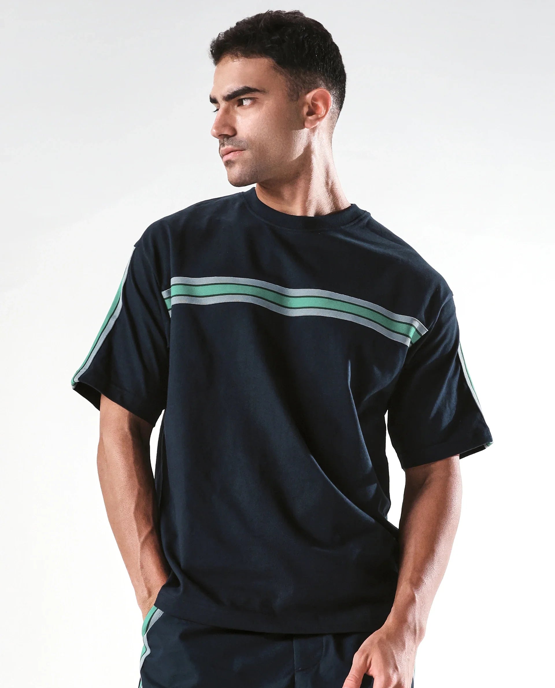 Rare Rabbit Men Newnon-T Navy Cotton Fabric Short Sleeves Tape Detailed Boxy Fit Crew Neck Plain T-Shirt