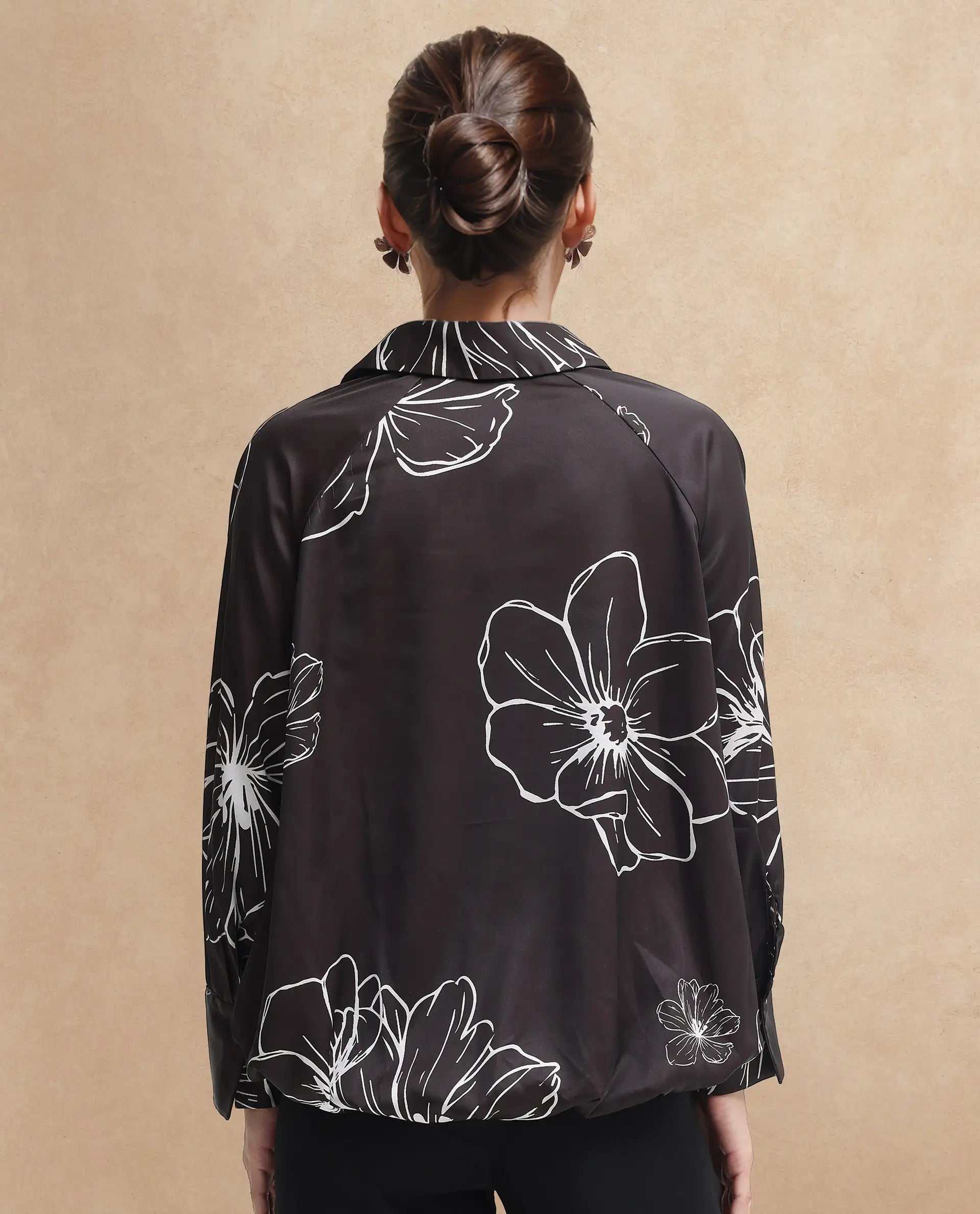 Rareism Women Olin SC Dark Brown Raglan Sleeves Collared Neck Floral Print Top