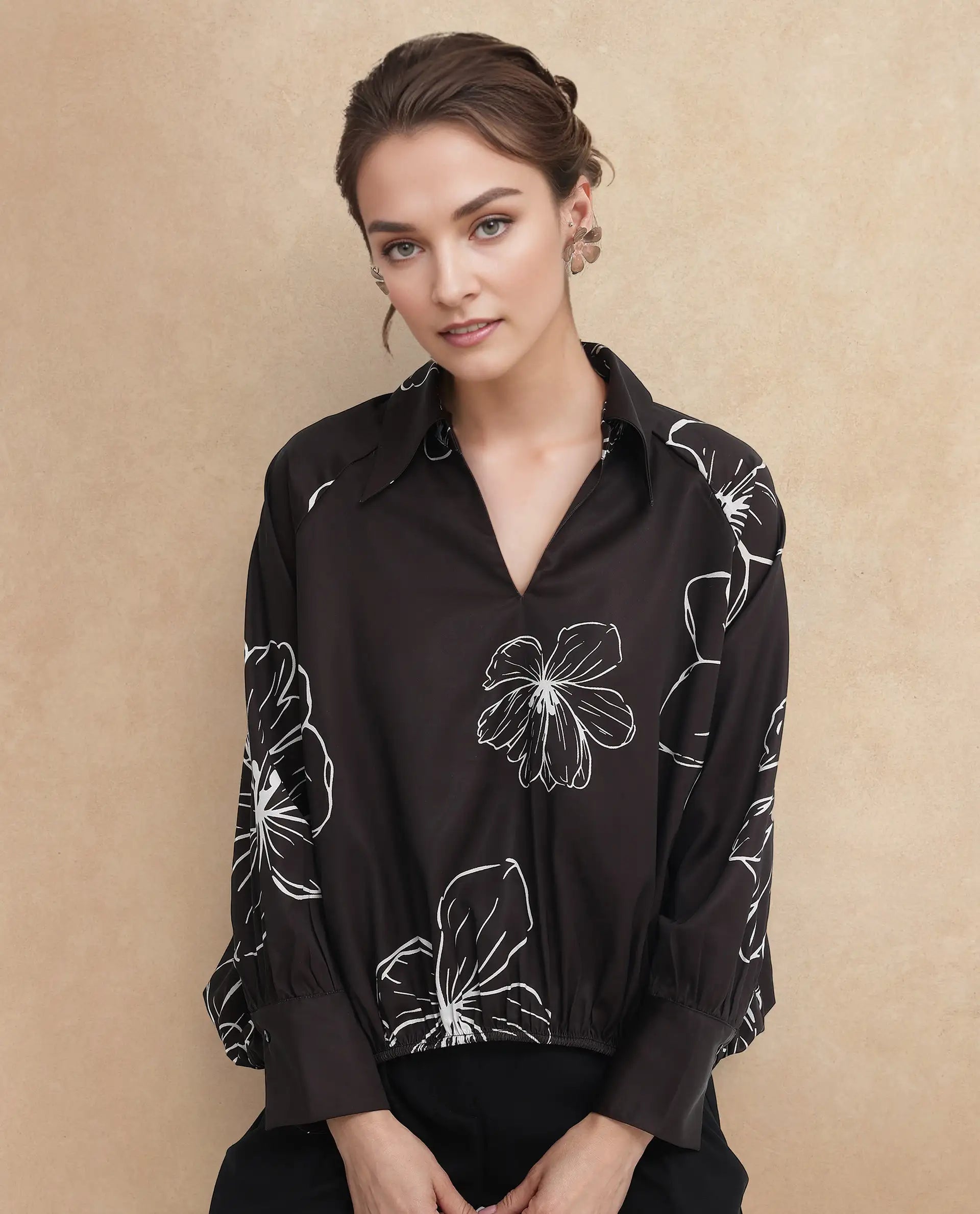 Rareism Women Olin SC Dark Brown Raglan Sleeves Collared Neck Floral Print Top