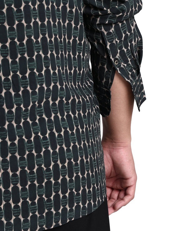 Rare Rabbit Mens Oliver Green Viscose Fabric Full Sleeves Geometric Print Shirt Plus Size