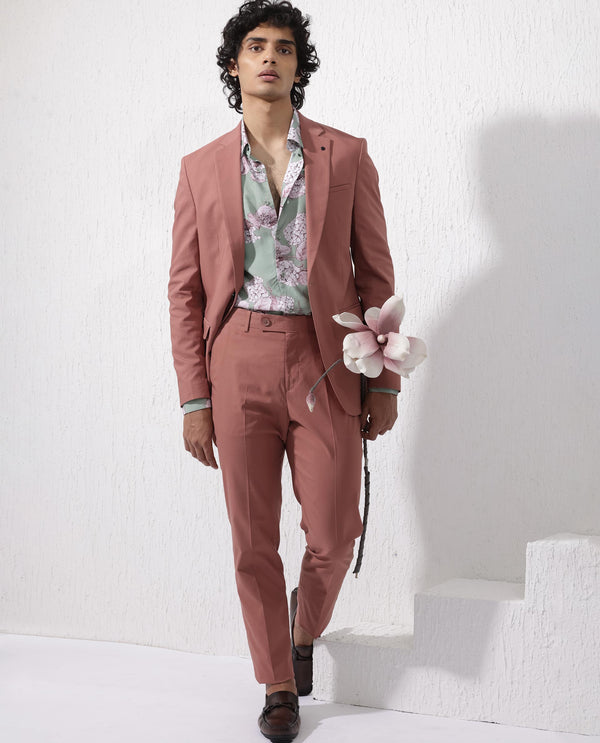 Rare Rabbit Men's Oscar Pastel Pink Polyester Viscose Fabric Notch Lapel Button Closure Single Breasted Suits