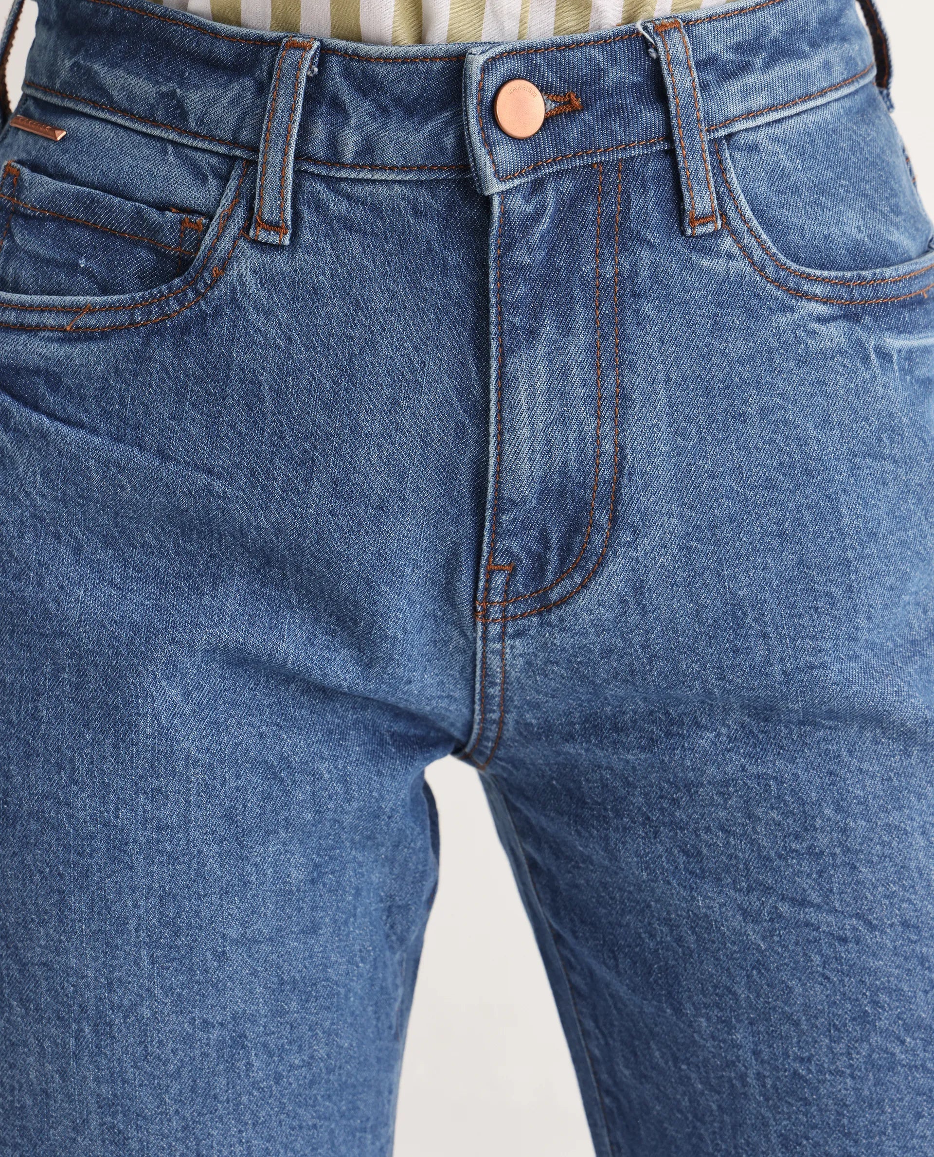 Rareism Women Osseo Blue Cotton Elastane Fabric Solid Regular Length Jeans