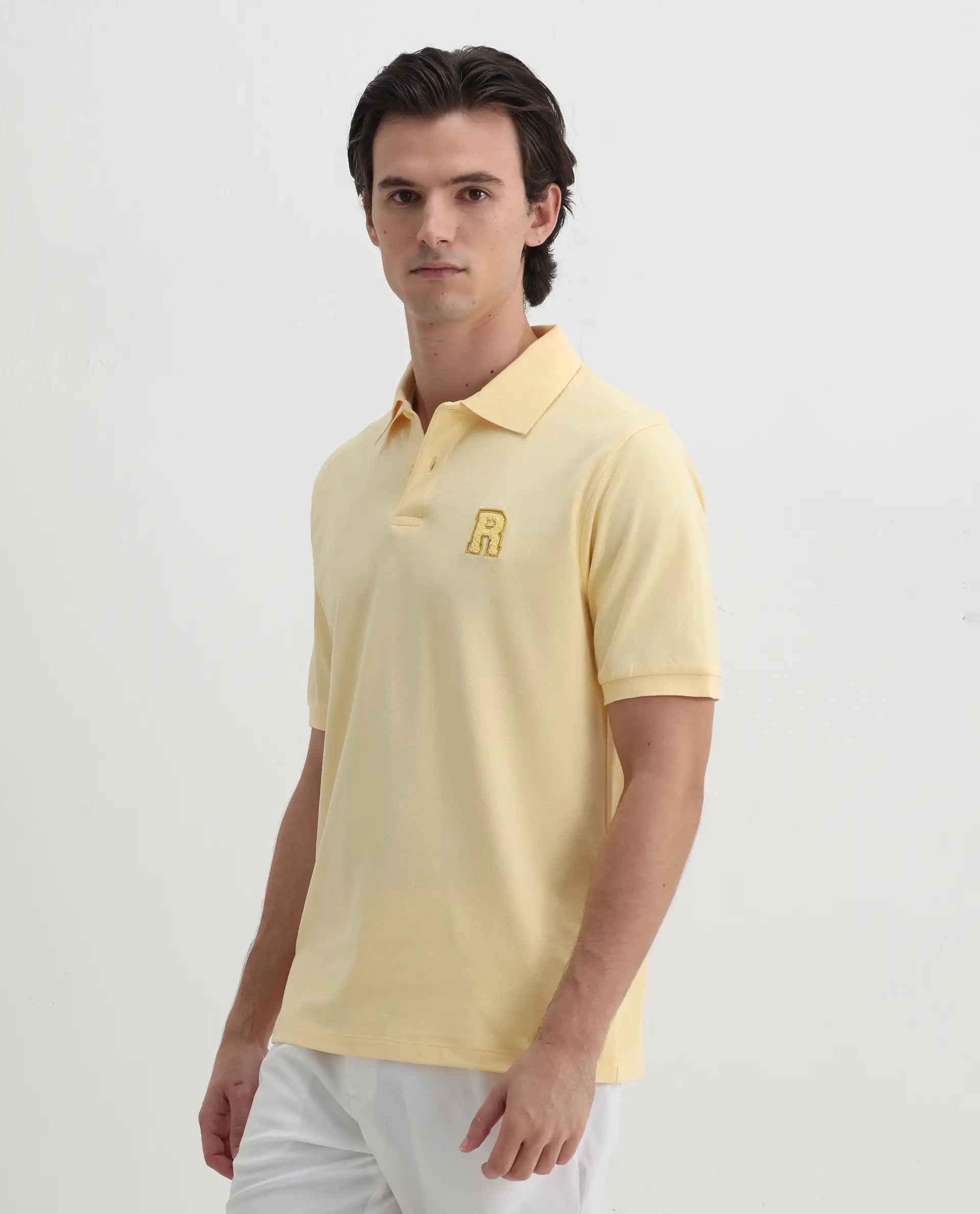 Rare Rabbit Men Otes Pastel Yellow Short Sleeve Regular Fit Embroidered Branding Plain Polo