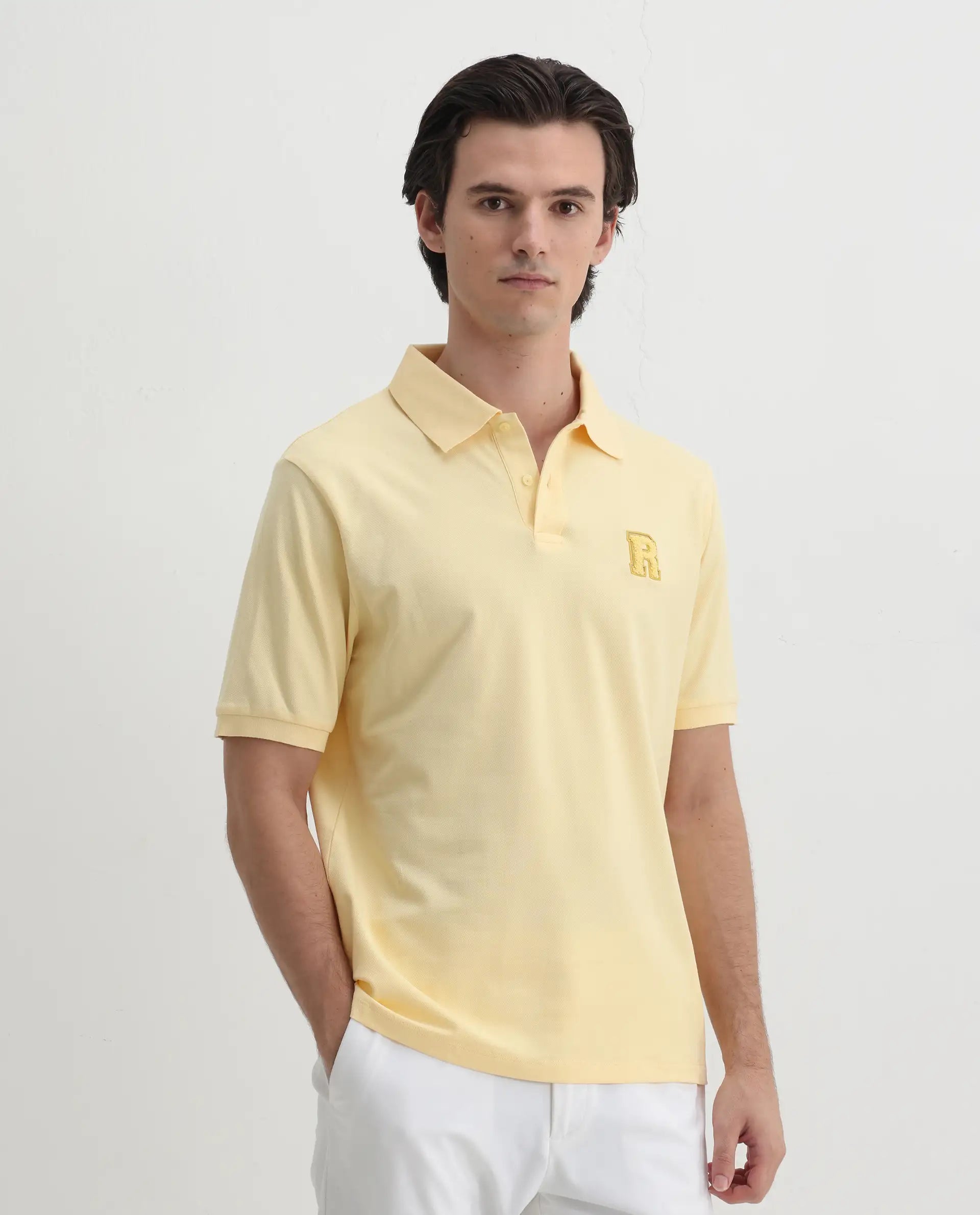 Rare Rabbit Men Otes Pastel Yellow Short Sleeve Regular Fit Embroidered Branding Plain Polo