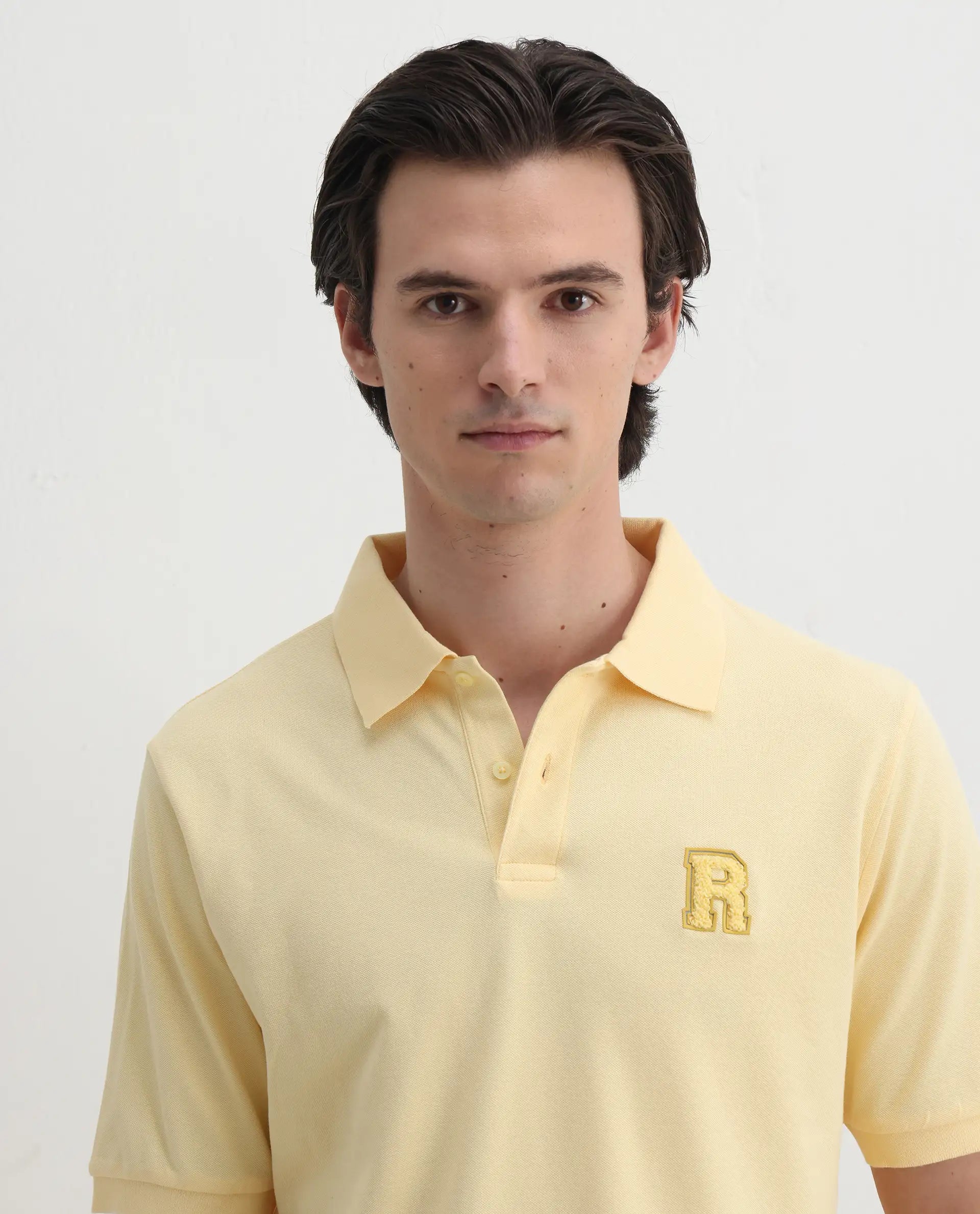 Rare Rabbit Men Otes Pastel Yellow Short Sleeve Regular Fit Embroidered Branding Plain Polo