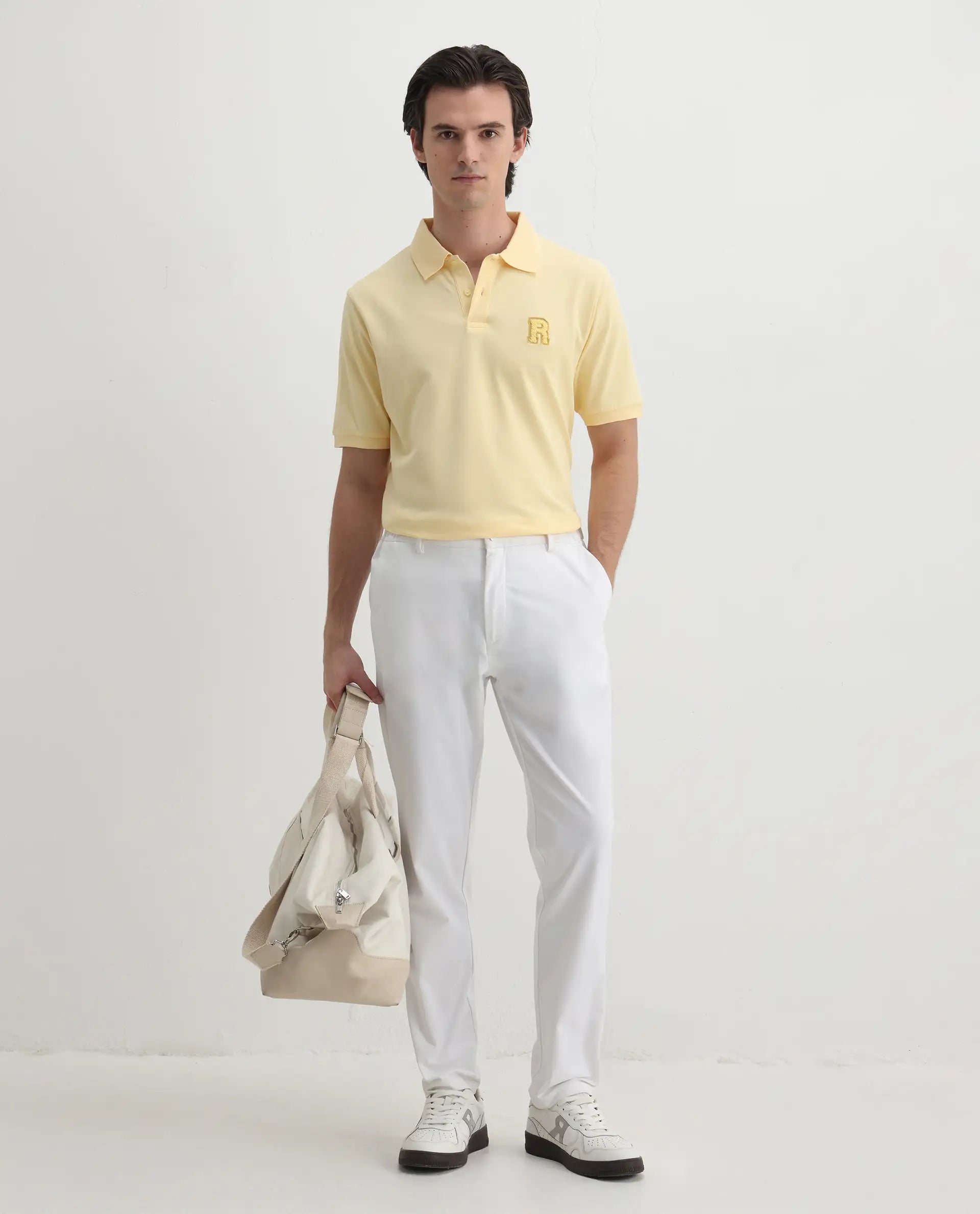 Rare Rabbit Men Otes Pastel Yellow Short Sleeve Regular Fit Embroidered Branding Plain Polo