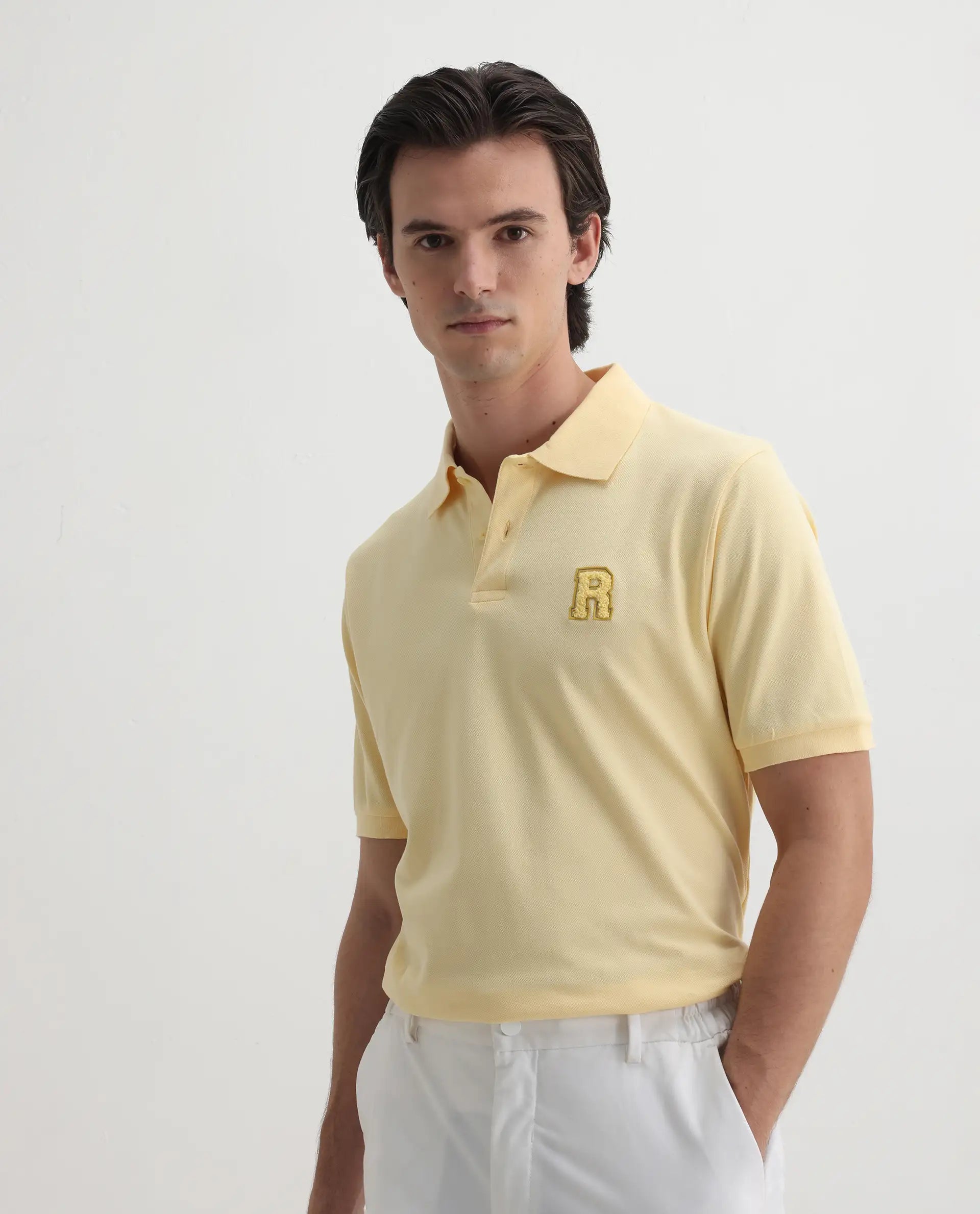 Rare Rabbit Men Otes Pastel Yellow Short Sleeve Regular Fit Embroidered Branding Plain Polo