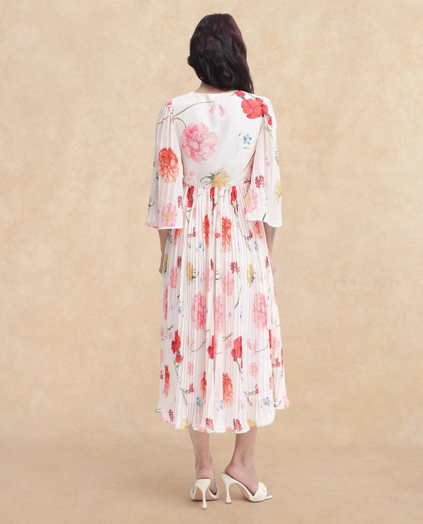 Rareism Women Otto White Polyester Fabric Regular Sleeves V-Neck Floral Print Regular Length Dress