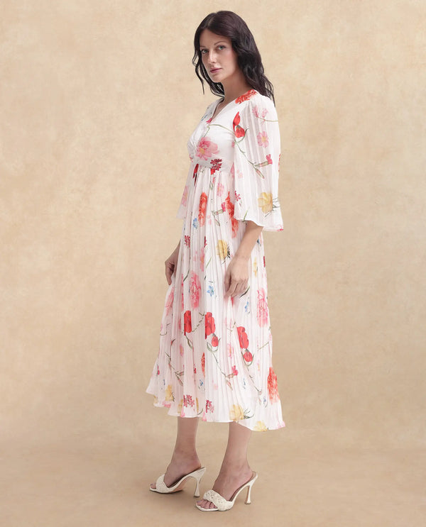 Rareism Women Otto White Polyester Fabric Regular Sleeves V-Neck Floral Print Regular Length Dress
