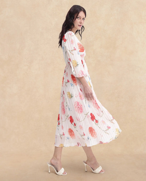 Rareism Women Otto White Polyester Fabric Regular Sleeves V-Neck Floral Print Regular Length Dress
