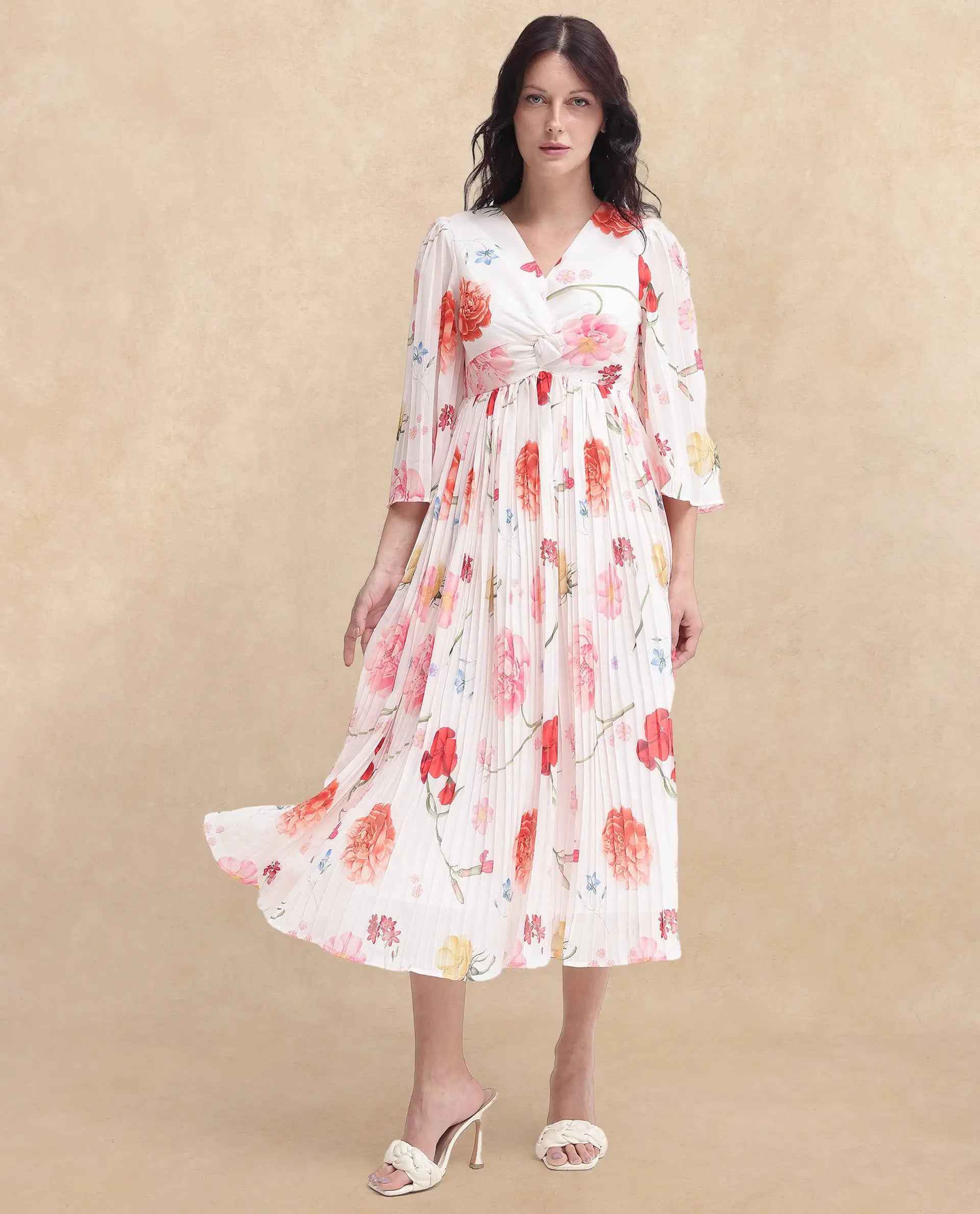 Rareism Women Otto White Polyester Fabric Regular Sleeves V-Neck Floral Print Regular Length Dress
