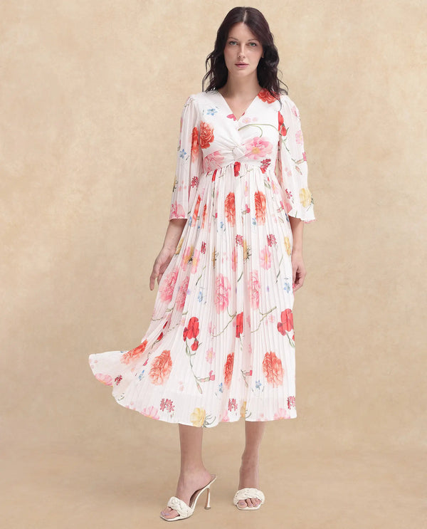 Rareism Women Otto White Polyester Fabric Regular Sleeves V-Neck Floral Print Regular Length Dress