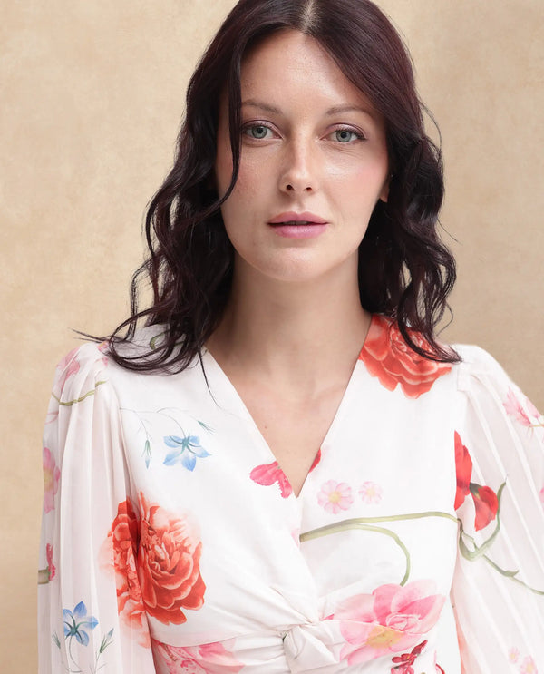 Rareism Women Otto White Polyester Fabric Regular Sleeves V-Neck Floral Print Regular Length Dress