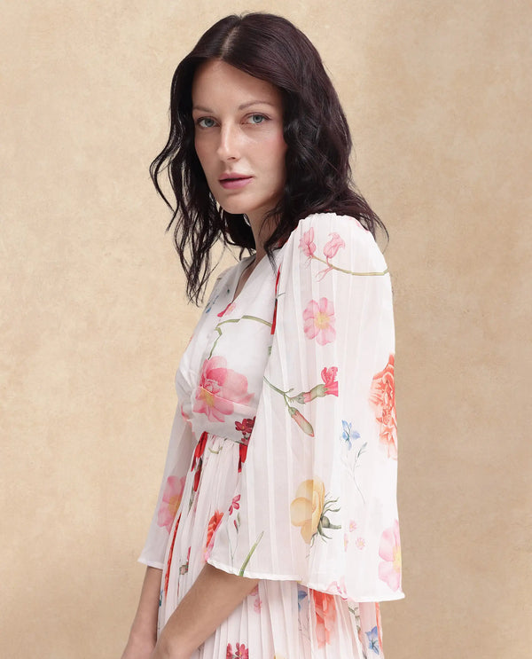 Rareism Women Otto White Polyester Fabric Regular Sleeves V-Neck Floral Print Regular Length Dress