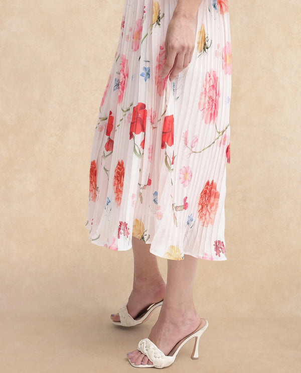 Rareism Women Otto White Polyester Fabric Regular Sleeves V-Neck Floral Print Regular Length Dress