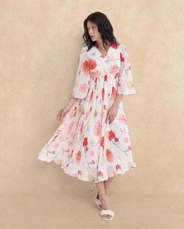 Rareism Women Otto White Polyester Fabric Regular Sleeves V-Neck Floral Print Regular Length Dress