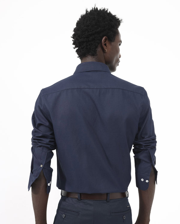 Rare Rabbit Men's Oxfom Navy Cotton Polyester Fabric Full Sleeves Button Down Collar Regular Fit Plain Formal Shirt