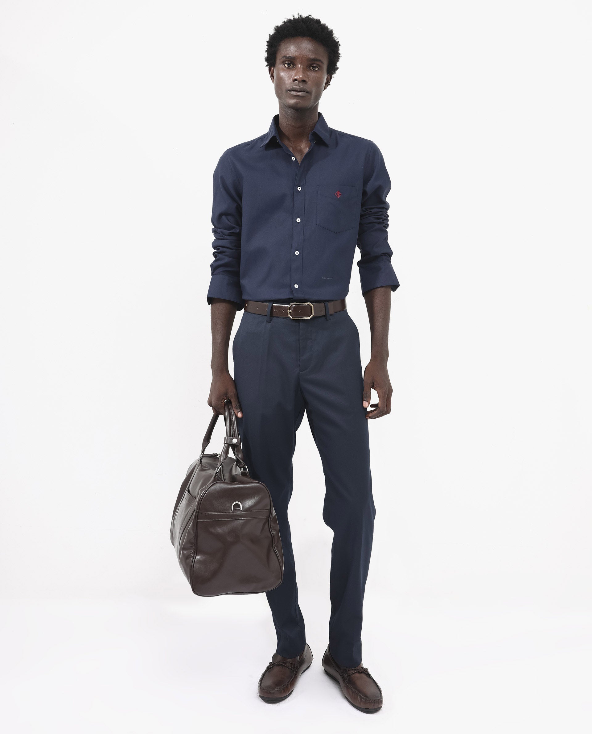 Rare Rabbit Men's Oxfom Navy Cotton Polyester Fabric Full Sleeves Button Down Collar Regular Fit Plain Formal Shirt