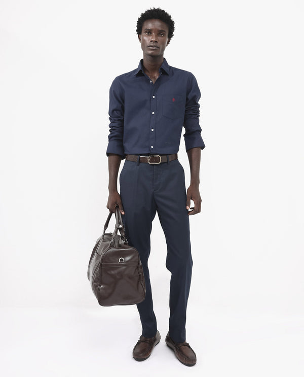 Rare Rabbit Men's Oxfom Navy Cotton Polyester Fabric Full Sleeves Button Down Collar Regular Fit Plain Formal Shirt