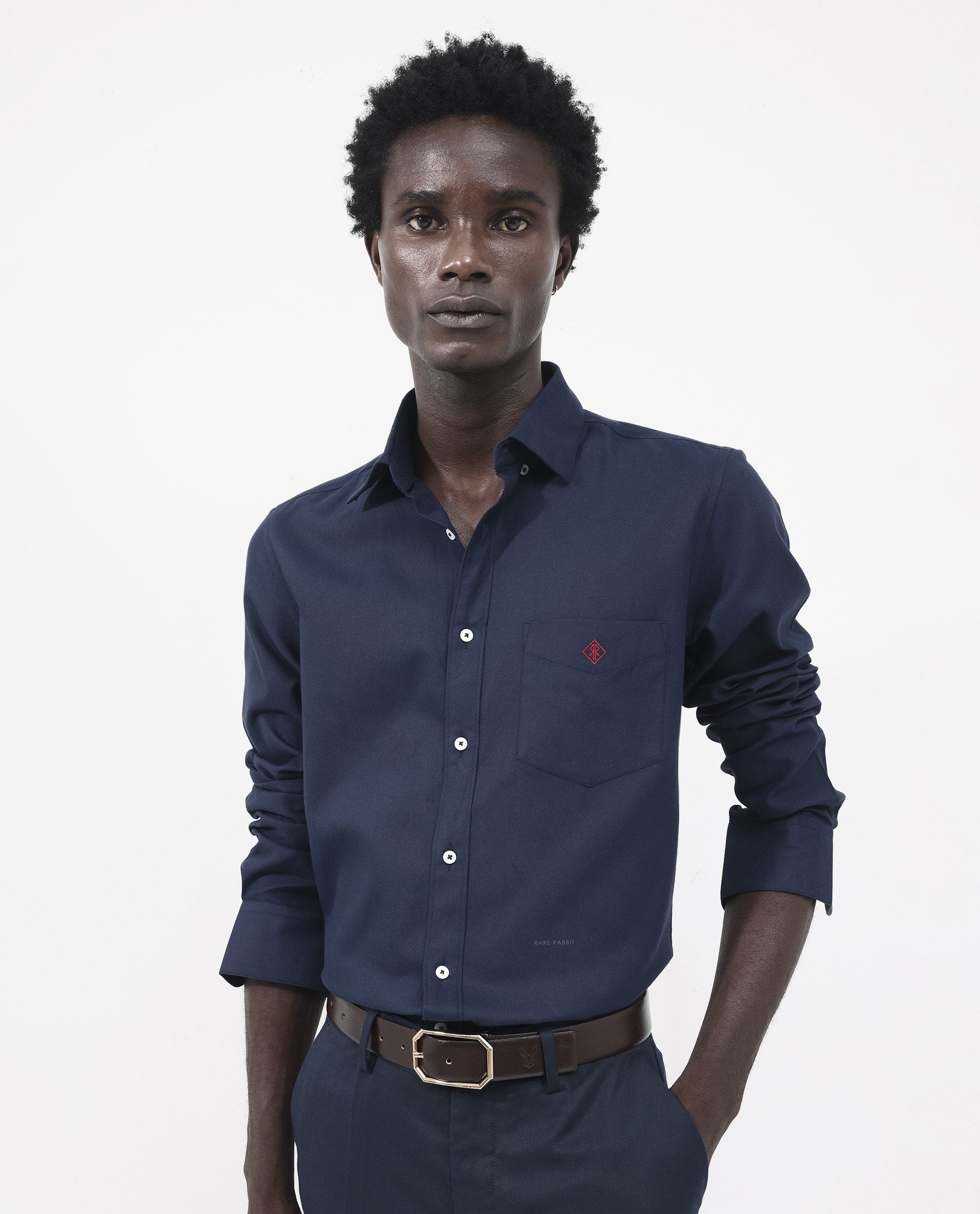 Rare Rabbit Men's Oxfom Navy Cotton Polyester Fabric Full Sleeves Button Down Collar Regular Fit Plain Formal Shirt