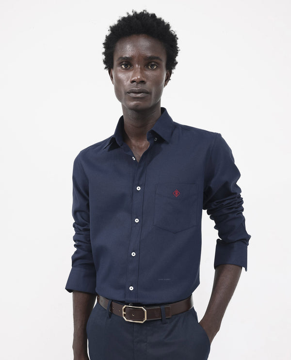 Rare Rabbit Men's Oxfom Navy Cotton Polyester Fabric Full Sleeves Button Down Collar Regular Fit Plain Formal Shirt