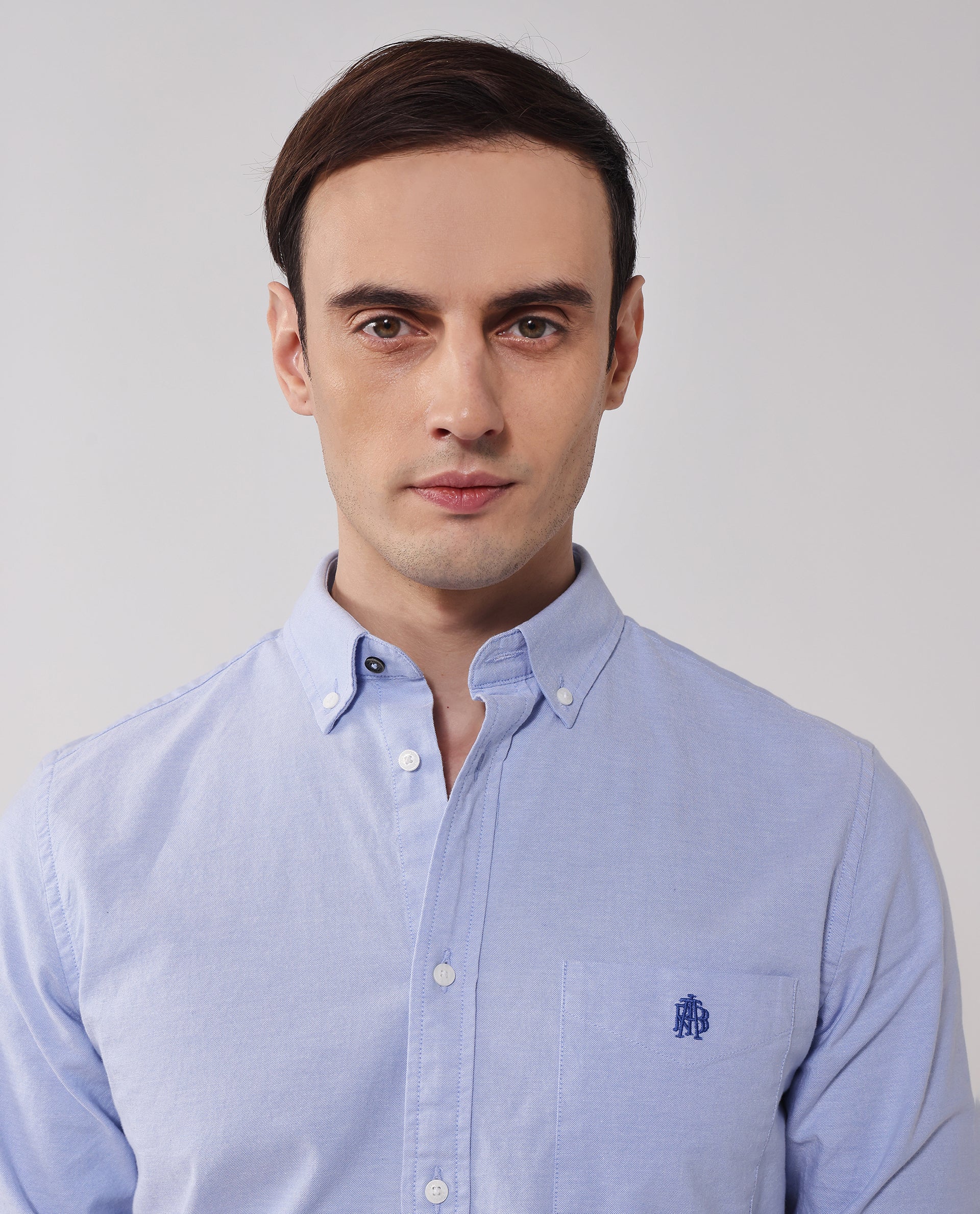 Rare Rabbit Men Oxob Light Blue Cotton Spandex Fabric Full Sleeve Button Down Collar Regular Fit Embroidered Logo Plain Shirt