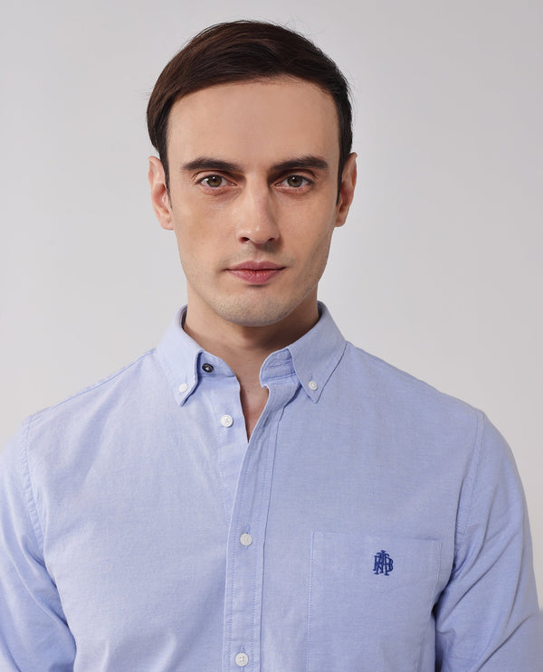 Rare Rabbit Men Oxob Light Blue Cotton Spandex Fabric Full Sleeve Button Down Collar Regular Fit Embroidered Logo Plain Shirt