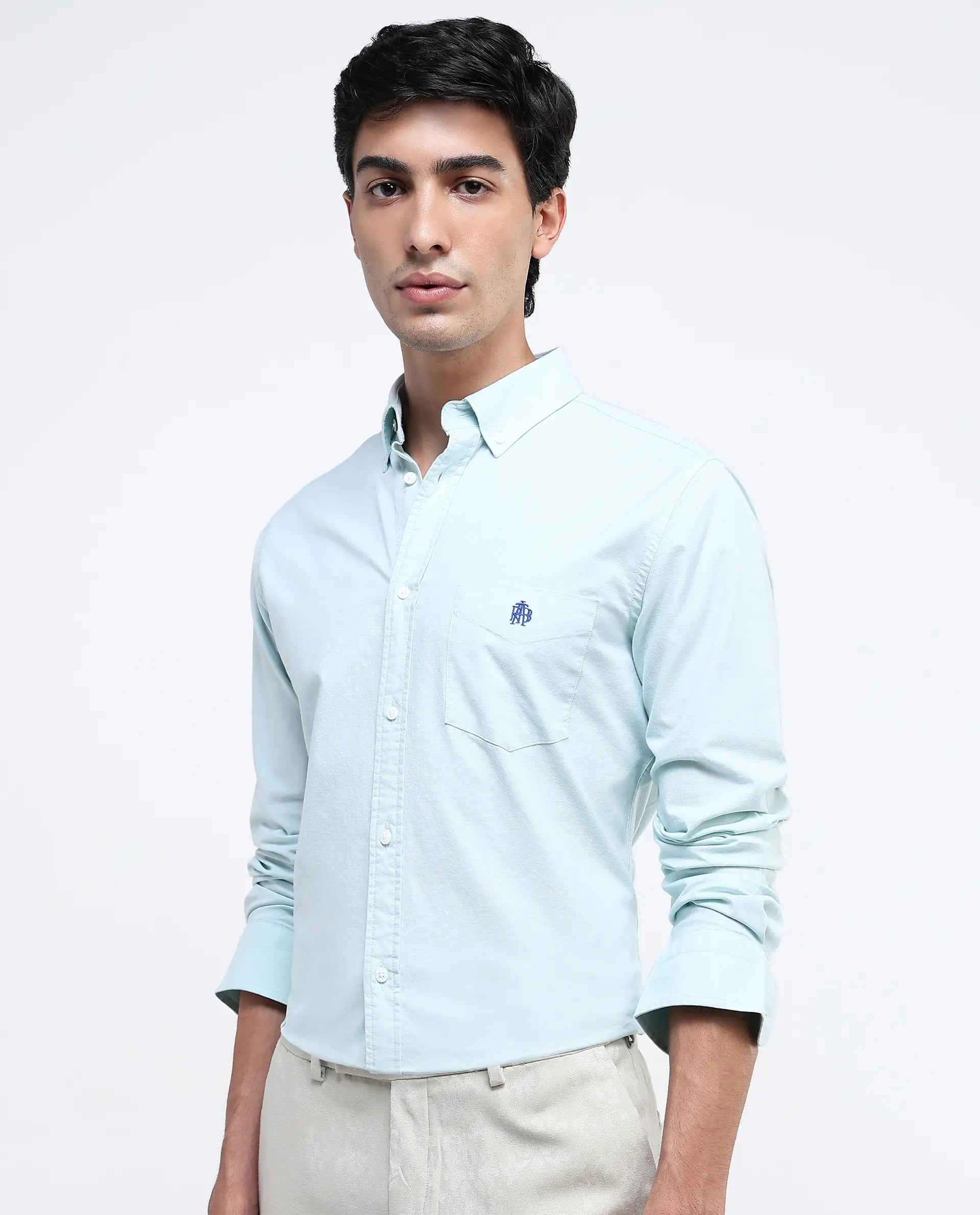 Rare Rabbit Men Oxob Pastel Green Full Sleeve Collared Neck Button Closure Regular Fit Plain Shirt