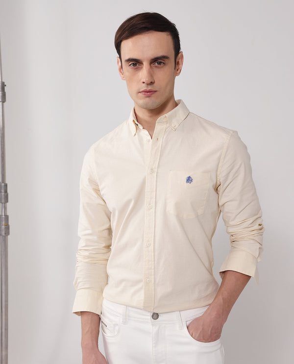 Rare Rabbit Men Oxob Pastel Yellow Full Sleeve Collared Neck Button Closure Regular Fit Plain Shirt